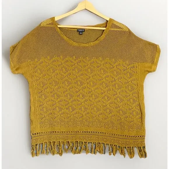 Torrid Crochet Knit Short Sleeve Top Sz 2X Mustard Cotton Fringe Open Knit Layer - Picture 2 of 11